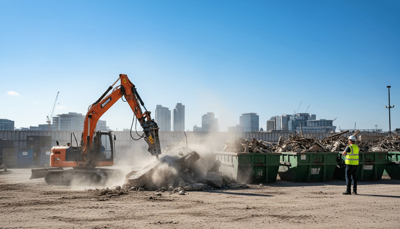 Demolition site with excavator and skip bins in London