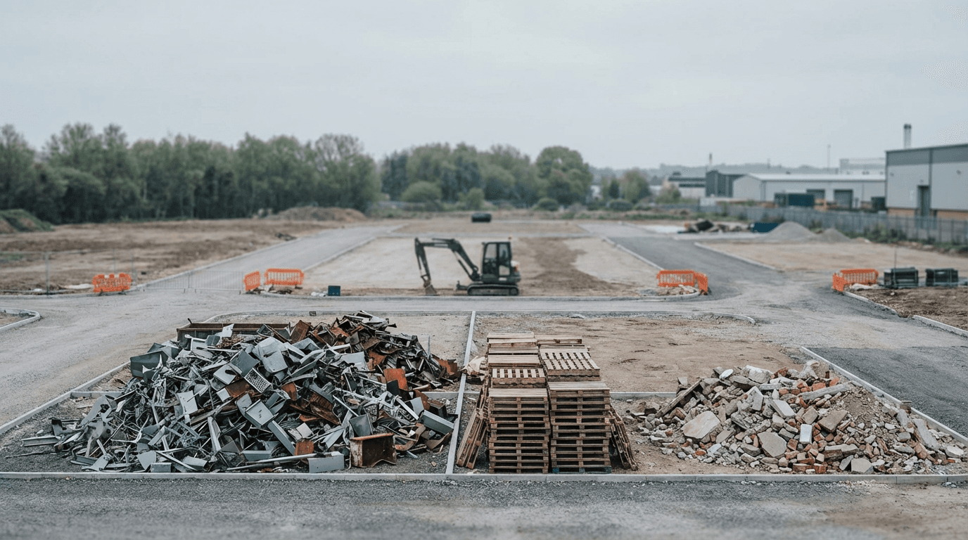 Loader depositing rubble into a large open skip on a cleared construction site